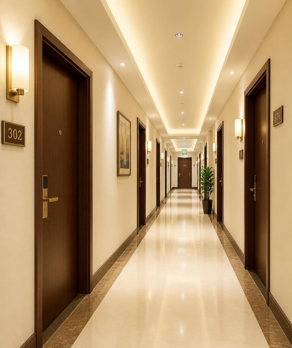 Bright clean guest room corridor with wooden doors