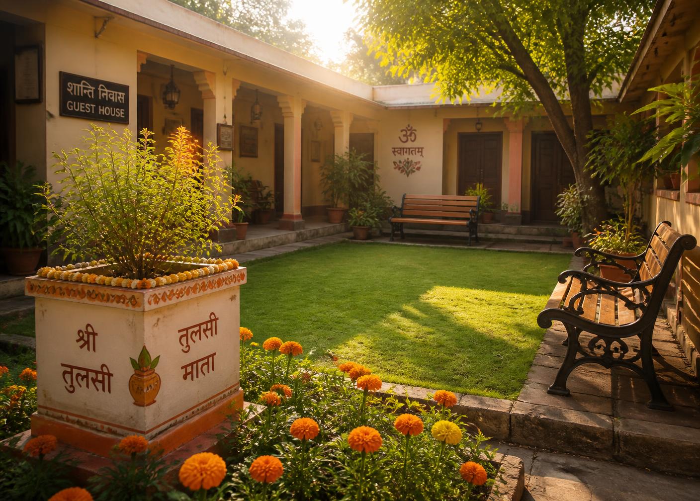 Quiet garden courtyard with tulsi plant at the bhakta niwas
