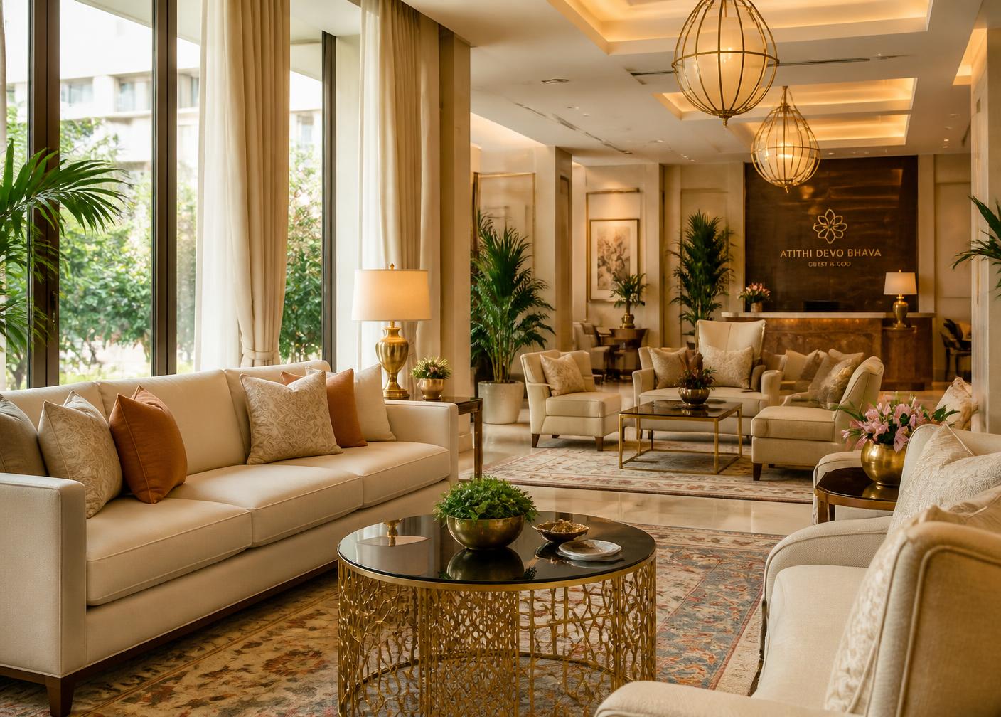 Large waiting lounge with cream sofas and plants