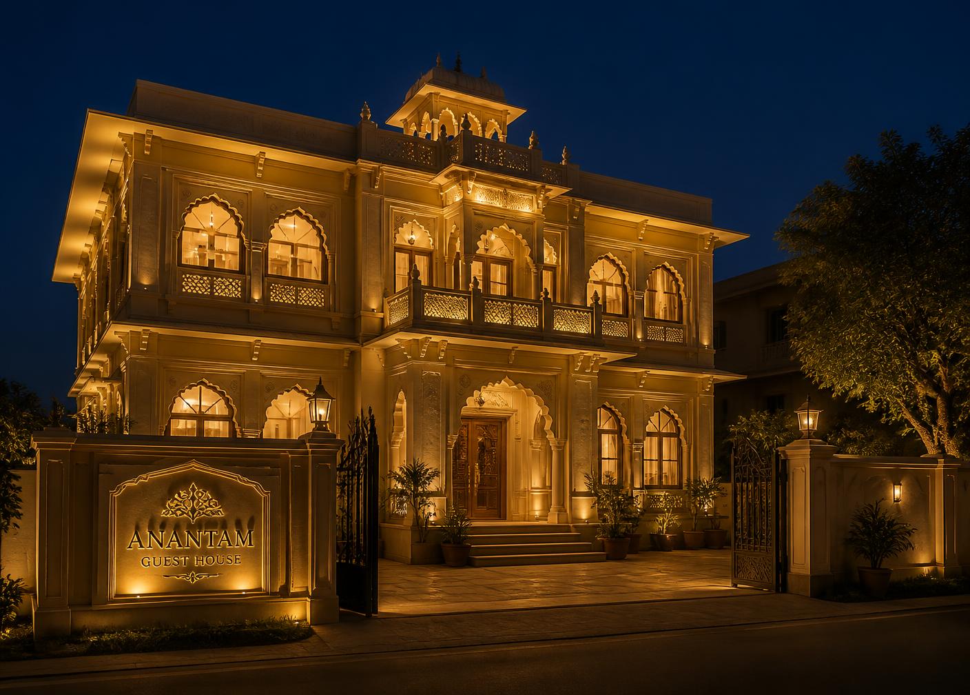 Night view of the illuminated guest house building