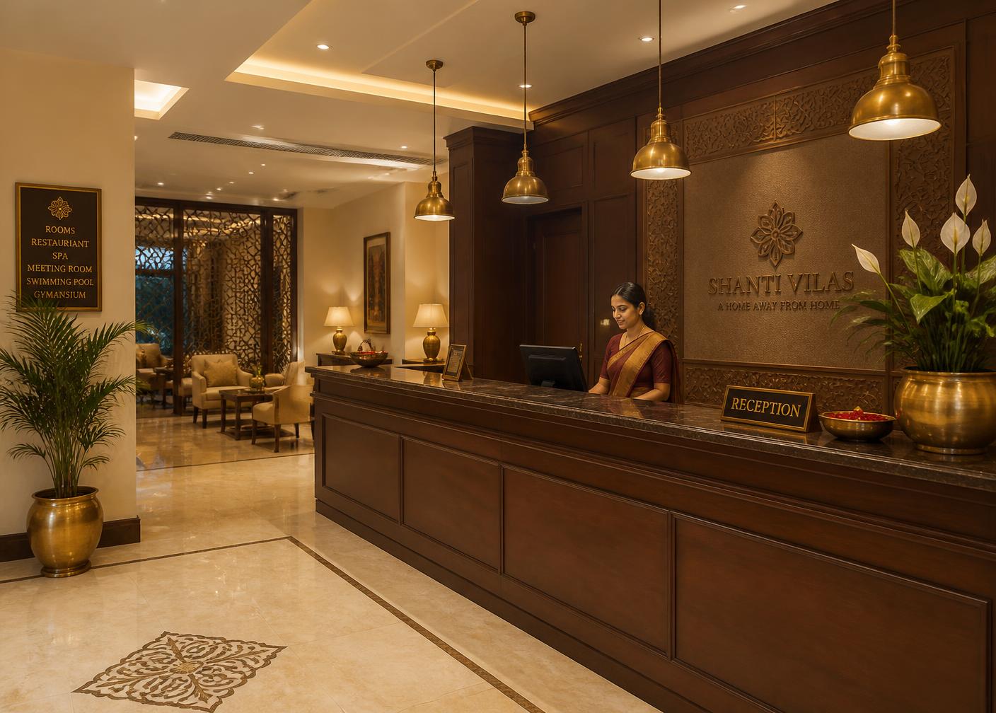 Reception desk with warm wood and brass lighting