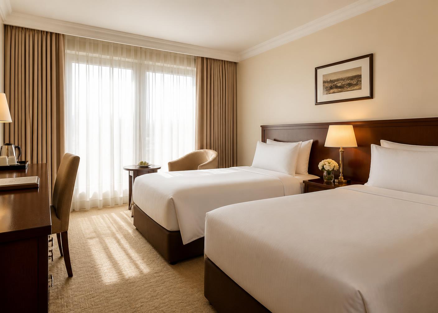 Deluxe air-conditioned twin bed room with cream walls and warm lighting